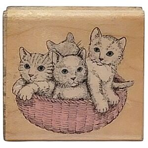 VTG 90s Hero‎ Arts Kitty Basket Rubber Stamp C219 1990 Wood Mounted Cat 1.5x1.75